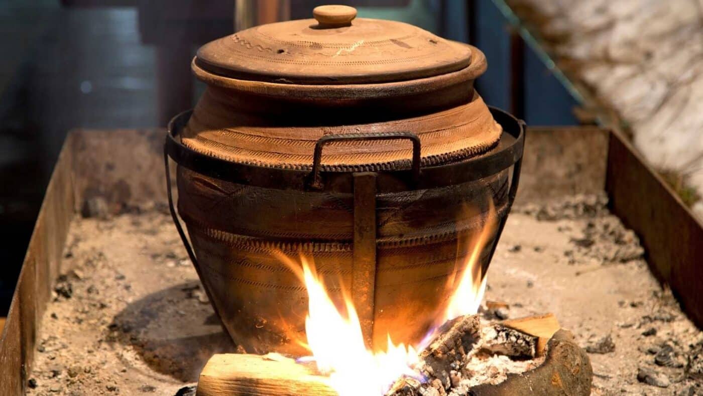 fire on big clay pot